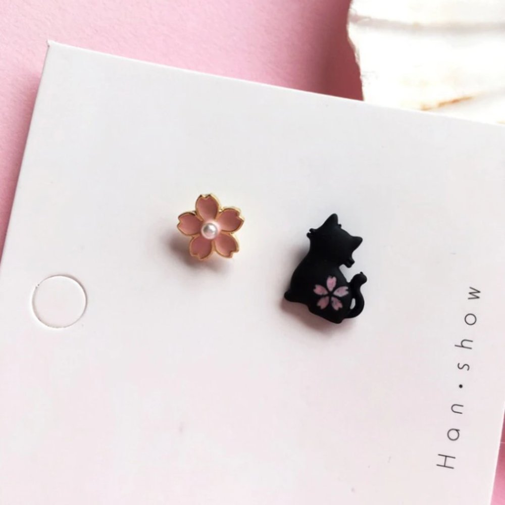 Cherry blossom flower black cat stud earrings